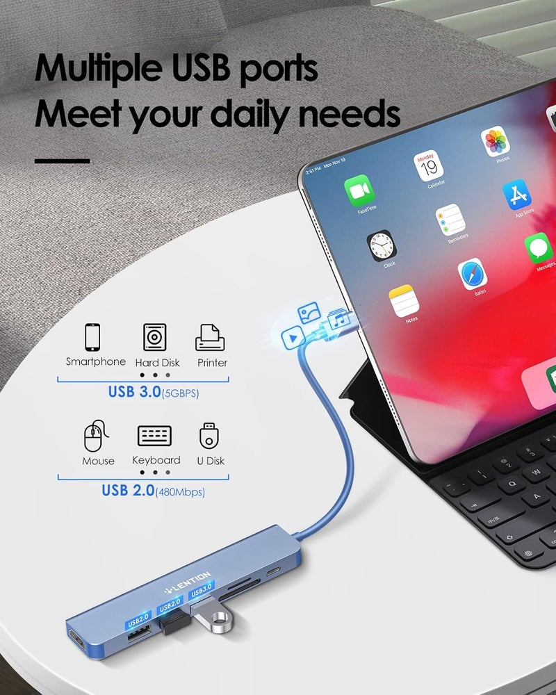 Lention محور USB C مع شحن 100 واط، HDMI 4K، قارئ بطاقات مزدوج، متوافق مع USB 3.0 و 2.0 ل MacBook Pro 2023-2016، Mac Air/Surface الجديدة، Chromebook، المزيد، محول سائق مستقر (CB-CE18، أزرق) - Image 4